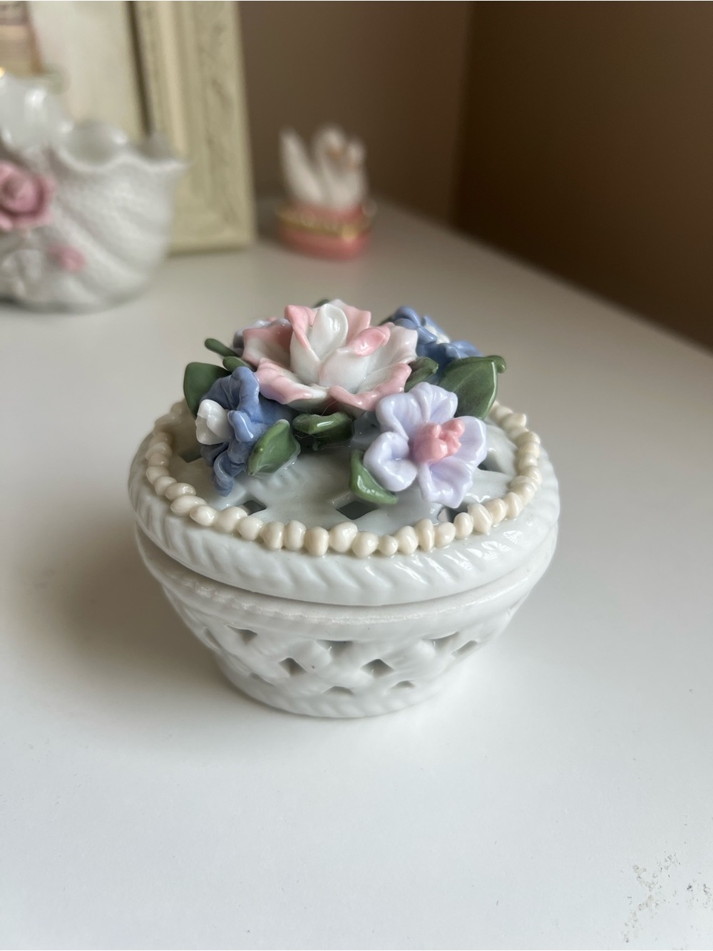 Rare Vintage Porcelain Floral Trinket Box - White with Pink & Blue Flowers